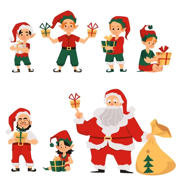 Bir sürü şirin Noel Baba karakterleri ve hediyeli yardımcı elfler. — Stok Vektör