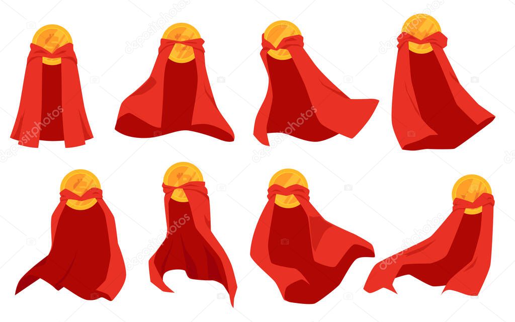 Gold various countries coins in superhero cape flat vector illustration isolated.