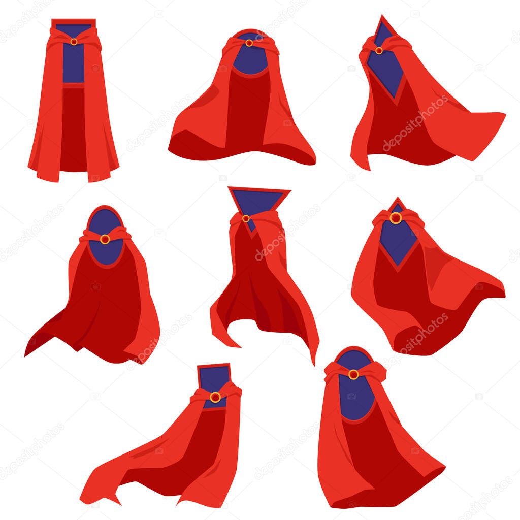 Superhero cape or cloak with badges or frames flat vector illustration isolated.