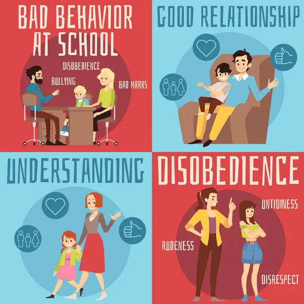 Plakaty z wizerunkiem konfliktu i szczęśliwych relacji między rodzicem a dzieckiem. — Wektor stockowy