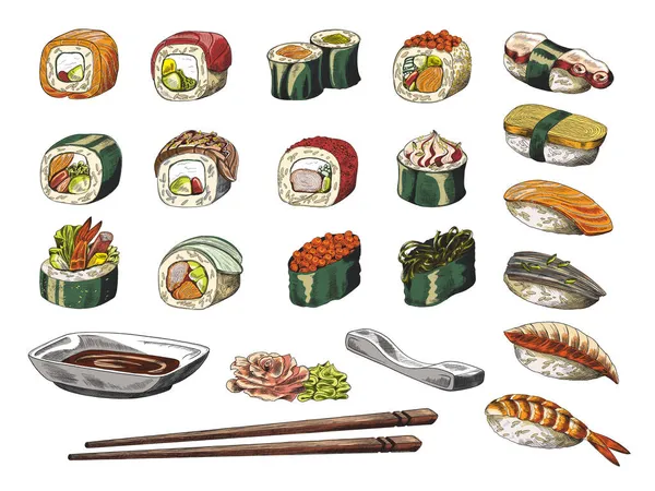 Векторный набор суши и роллов, традиционных блюд из морепродуктов и риса. — стоковый вектор