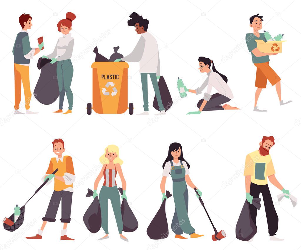 People eco-activists collecting garbage, flat vector illustration isolated.