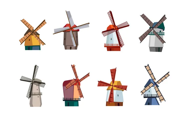 Set of old traditional dutch windmills for grinding flour for bread production — Stock Vector