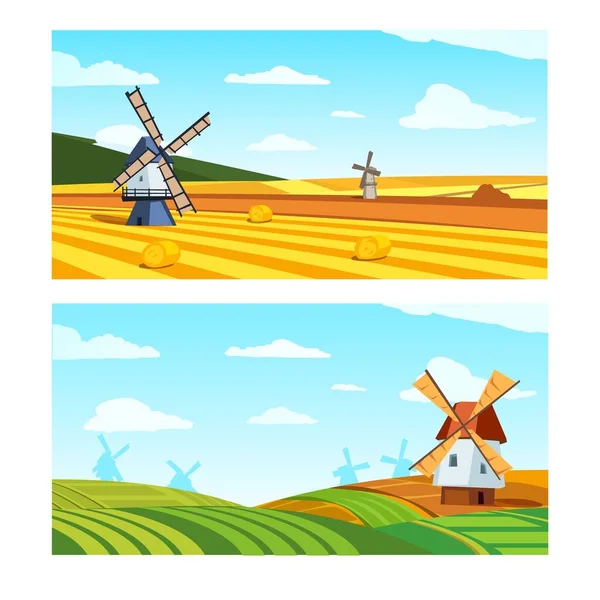 Літні пейзажні фони з вітряком і полями, плоска векторна ілюстрація . — стоковий вектор