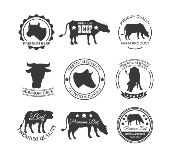 Ετικέτες και λογότυπο αγελάδας και ζωικού κεφαλαίου βοοειδών, διανυσματική απεικόνιση απομονωμένη. — Διανυσματικό Αρχείο