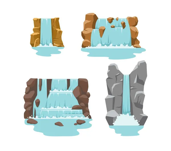 Un ensemble de cascades de rivière, des cours d'eau tombant des rochers entre les pierres. — Image vectorielle