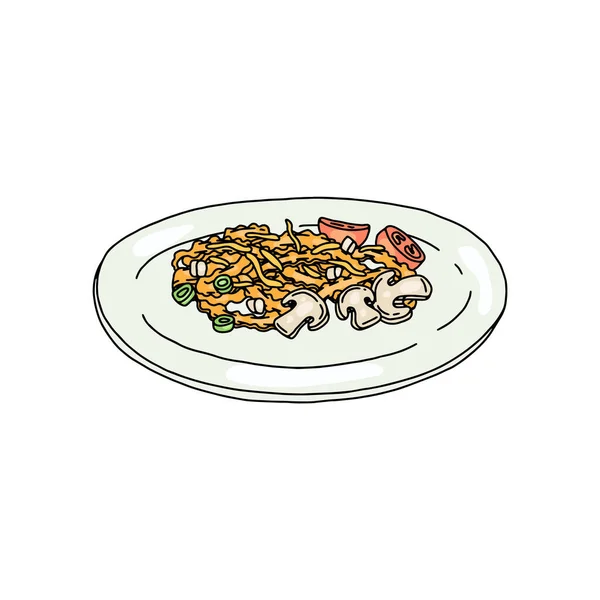 Italian pasta mafaldine with champignons, vector illustration isolated. — Stock Vector