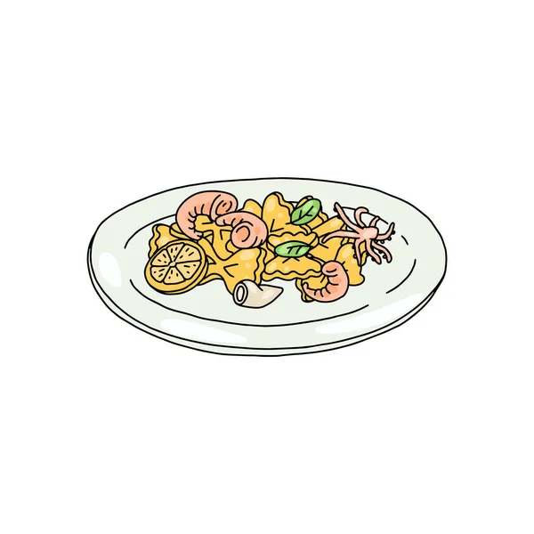 Plato de mariscos con pasta Farfalle, ilustración vectorial dibujada a mano aislada. — Archivo Imágenes Vectoriales