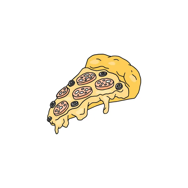 Rebanada de pizza de pepperoni con aceitunas, dibujo vector ilustración aislado. — Vector de stock