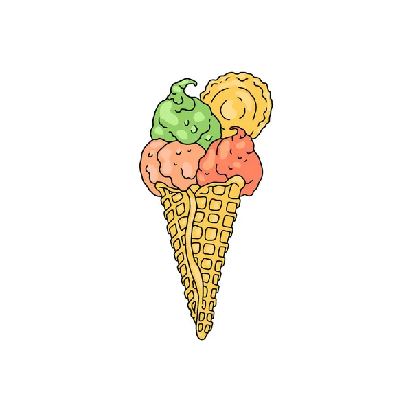 Postre de helado en cono de gofre, ilustración vectorial de color dibujada a mano aislada. — Vector de stock