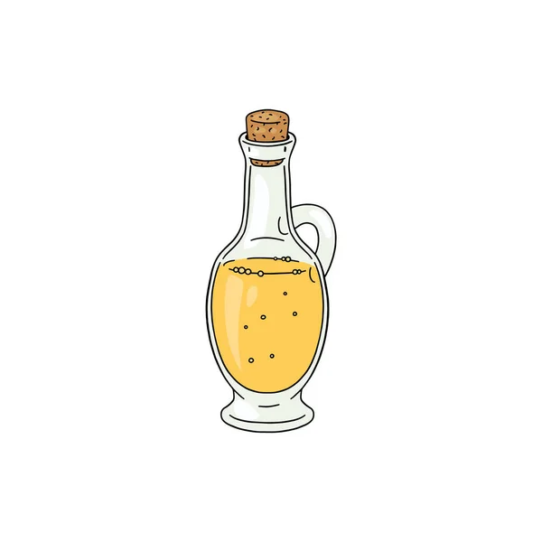 Aceite de oliva en botella de vidrio vintage dibujado a mano ilustración vectorial de color aislado. — Vector de stock