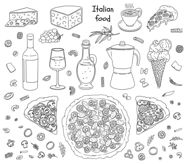 Італійська їжа і напої Ручна колекція, векторна ілюстрація ізольована. — стоковий вектор