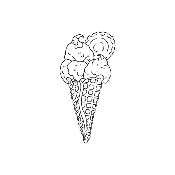 ワッフルコーン手描きスケッチスタイルのアイスクリームベクトルイラスト孤立. — ストックベクタ
