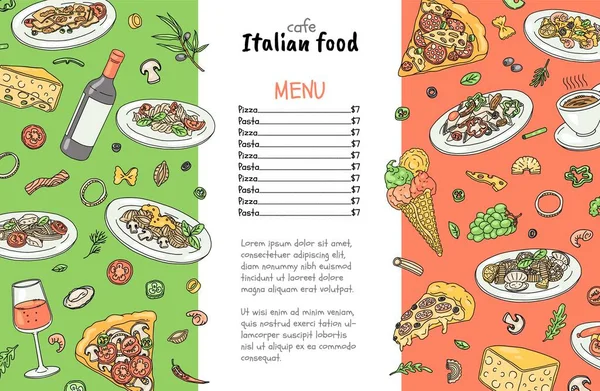 Італійські страви Кафе або ресторанні меню намальовані яскраві векторні ілюстрації. — стоковий вектор