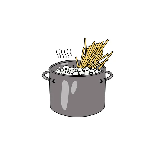 스파게티 파스타를 끓는 남비에 넣고 요리한다. 뜨거운 팬 만화 벡터 삽화에 나오는 마카로니 음식. — 스톡 벡터