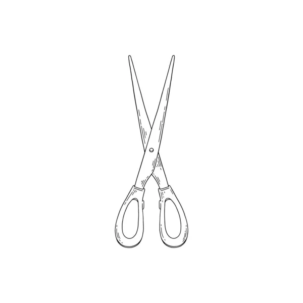 Coppia di lunghe forbici aperte disegnate a mano incisione xilografia stile illustrazione. Grunge icona della linea vettoriale della forbice. — Vettoriale Stock