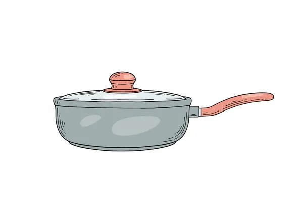 Braadpan of steelpan met lange steel, schets vector illustratie geïsoleerd. — Stockvector