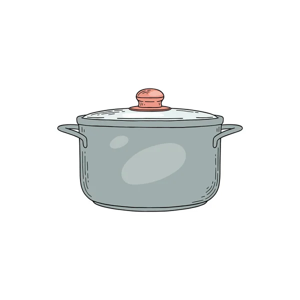 Olla de sopa de metal de cocina o dibujo de cacerola ilustración vectorial de color aislado. — Vector de stock