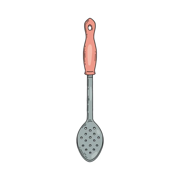 Kuchnia naprężenia lub łyżka odpieniacza narzędzie, ręcznie rysowane wektor ilustracja izolowane. — Wektor stockowy