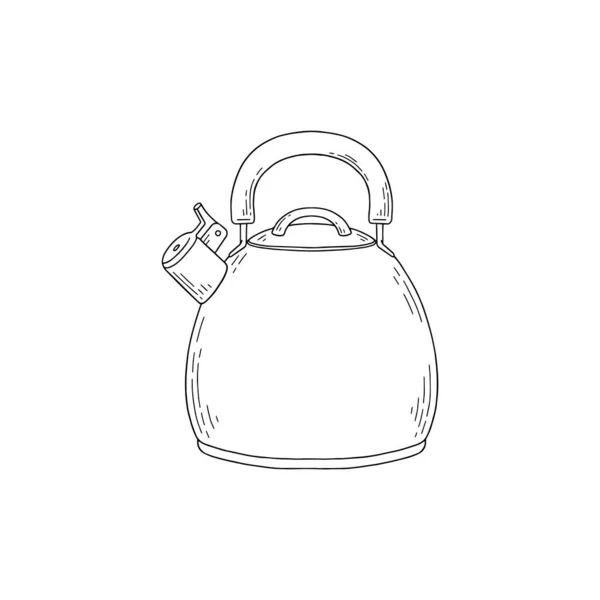 Hervidor redondo de acero Doodle con silbato. Dibujo vectorial ilustración de utensilios de cocina aislados sobre fondo blanco. — Archivo Imágenes Vectoriales