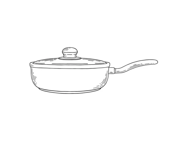 Koken koekenpan of pan met deksel, schets vector illustratie geïsoleerd. — Stockvector