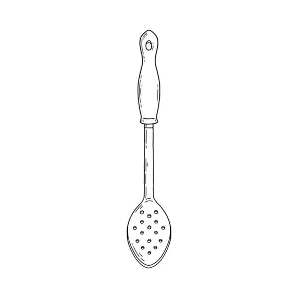 Kitchen skimmer spoon tool with handle, sketch vector illustration isolated. — Stock Vector