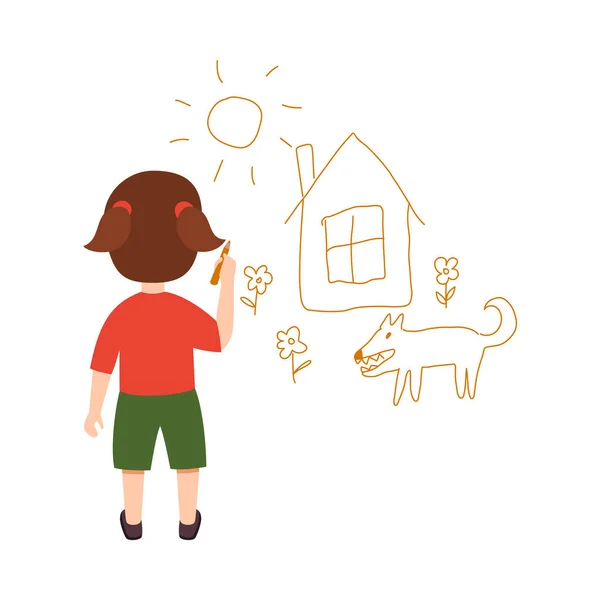 小孩在墙上画房子，墙上挂着狗，在白色背景上孤立的卡通矢量图解. — 图库矢量图片
