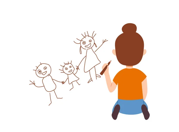 Barn flicka sitter på golvet och ritar familj på väggen, tecknad vektor illustration isolerad på vit bakgrund. — Stock vektor