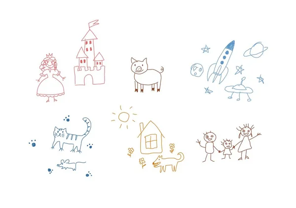 Gyermekek egyszerű zsírkréta rajzok szimbólumok készlet, vektor illusztráció elszigetelt. — Stock Vector