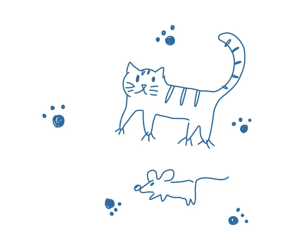 Katz-und-Maus-Kinder-Zeichnung, handgezeichnete Vektorillustration isoliert auf Weiß. — Stockvektor