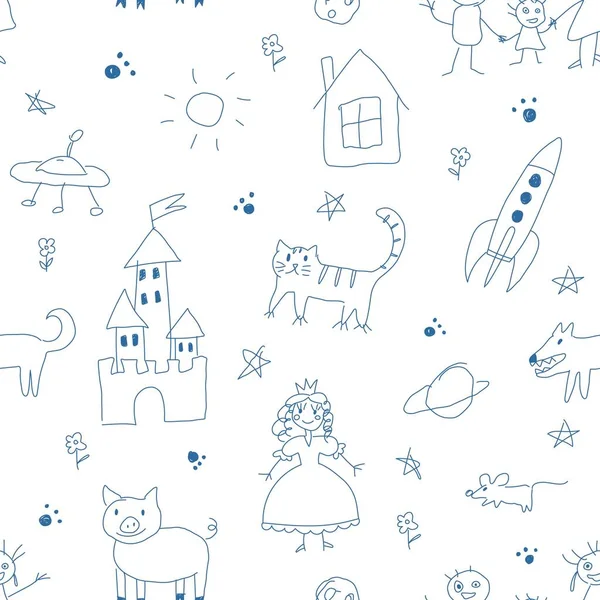 Childish doodles of princess, castle, cat and rocket - seamless pattern vector illustration. — Stock Vector