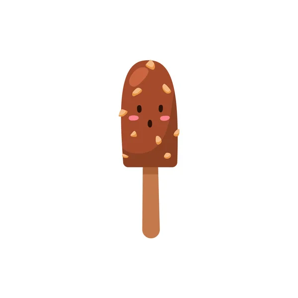 Helado de chocolate lindo en palo con cara sorprendida, ilustración vectorial plana aislada sobre fondo blanco. — Vector de stock