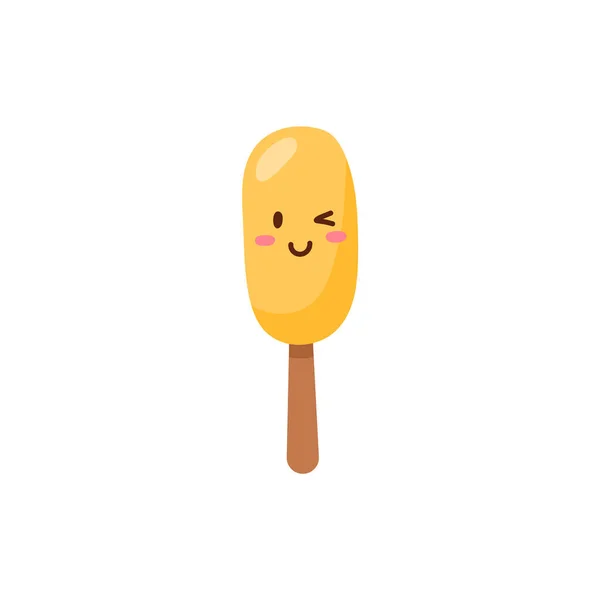 Cute ice cream on wooden stick with smiling face, flat vector illustration isolated on white background. — Stock Vector