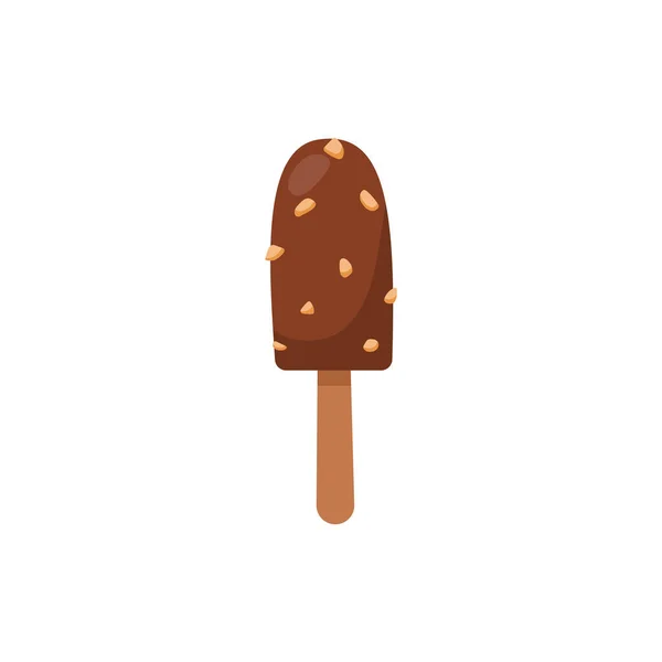Crème glacée au chocolat sur bâton de bois avec morceaux de noix, illustration vectorielle plate isolée sur fond blanc. — Image vectorielle