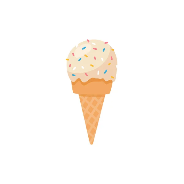 Παγωτό με σέσουλα γεύσης βανίλιας σε κώνο βάφλας, επίπεδη διανυσματική απεικόνιση απομονωμένη σε λευκό φόντο. — Διανυσματικό Αρχείο