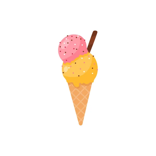 华夫饼锥形平面矢量图上的冰激凌球，白色孤立. — 图库矢量图片