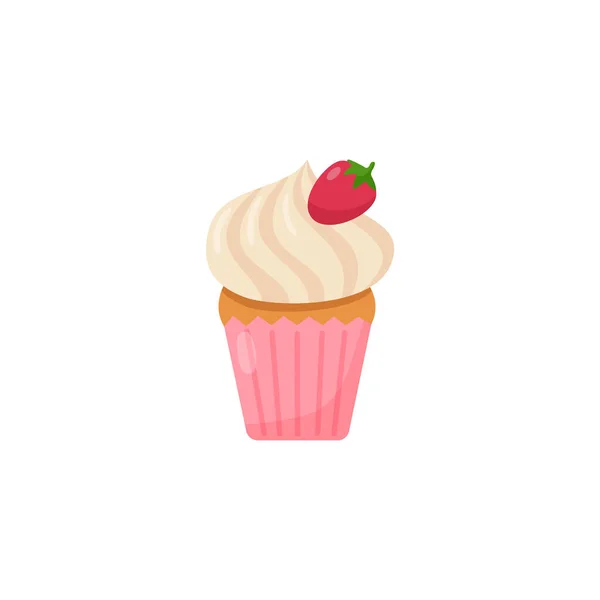 Bonito cupcake con decoración de crema y fresa, ilustración vectorial plana aislada sobre fondo blanco. — Vector de stock