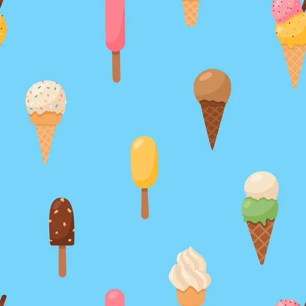 Cones de sorvete e picolés padrão sem costura ilustração vetorial plana. —  Vetores de Stock