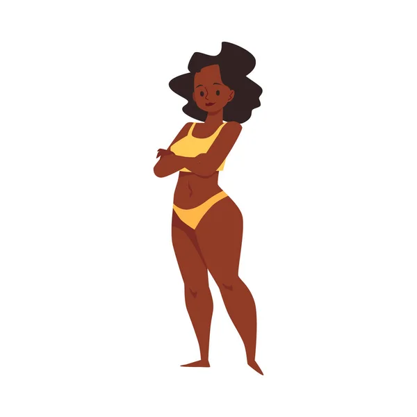 太りすぎアフリカ系アメリカ人女性でビキニフラットベクトルイラスト孤立. — ストックベクタ