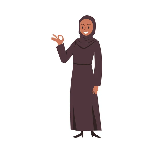 Lächelnde Muslimin mit Hijab und Okey-Geste, flache Vektordarstellung isoliert auf weißem Hintergrund. — Stockvektor