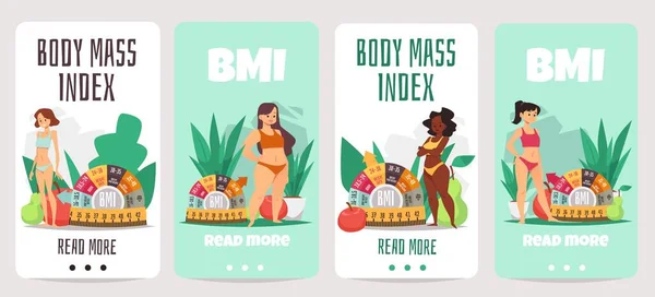 Diverse vrouwen met verschillende body mass index, onboarding screens template - platte vector illustratie. — Stockvector