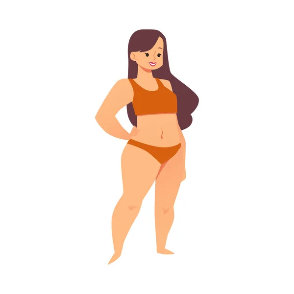 Mujer con sobrepeso tamaño corporal, amor propio y cuerpo positivo - ilustración vectorial plana aislada sobre fondo blanco. — Vector de stock