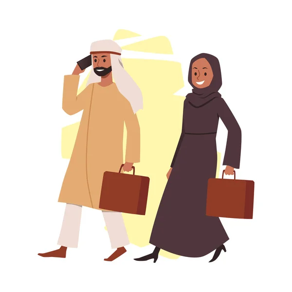 Empresários muçulmanos vão ao escritório para trabalhar, ilustração vetorial plana isolada. —  Vetores de Stock