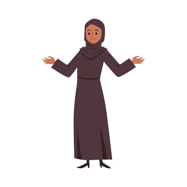 Verwirrte muslimische Frau zuckt mit den Schultern, flache Vektordarstellung isoliert. — Stockvektor