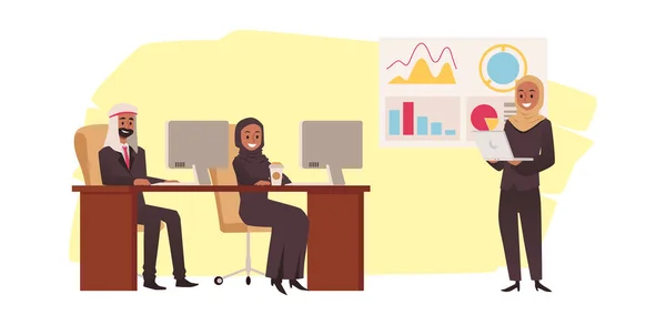 Escritório com homens e mulheres de negócios árabes muçulmanos, ilustração vetorial plana. — Vetor de Stock