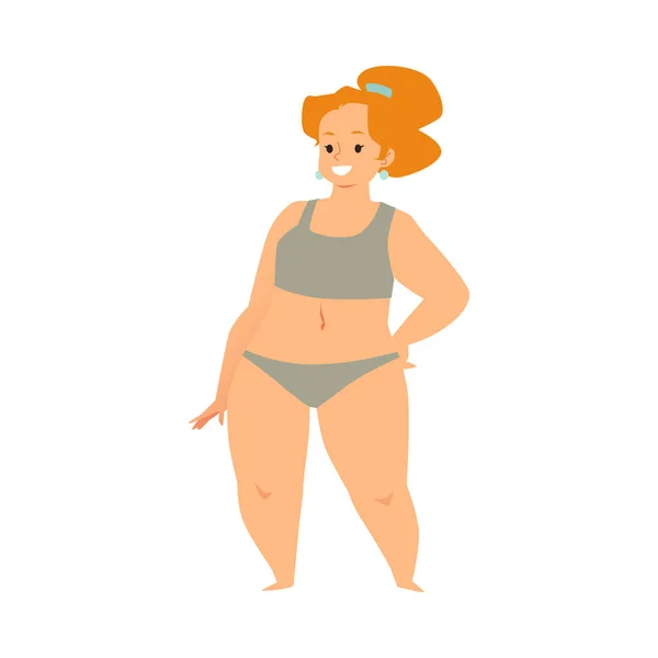 Overgewicht zwaarlijvige vrouw in bikini platte vector illustratie geïsoleerd op wit. — Stockvector