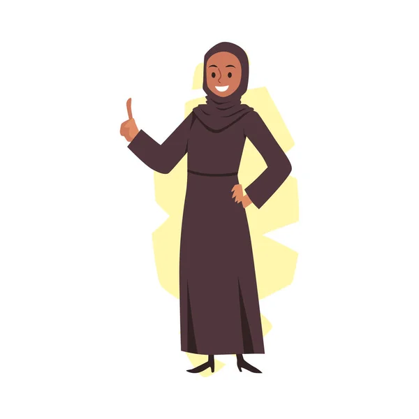 Glückliche arabische Frau trägt Hijab und zeigt mit dem Finger nach oben, flache Vektordarstellung isoliert auf weißem Hintergrund. — Stockvektor