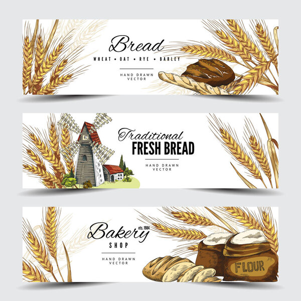 Horizontal banners with spikelets, bread, flour, windmill for bakery decoration