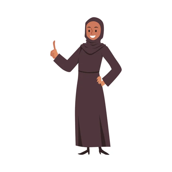 Arabische Muslimin zeigt mit dem Finger nach oben, flache Vektordarstellung isoliert — Stockvektor