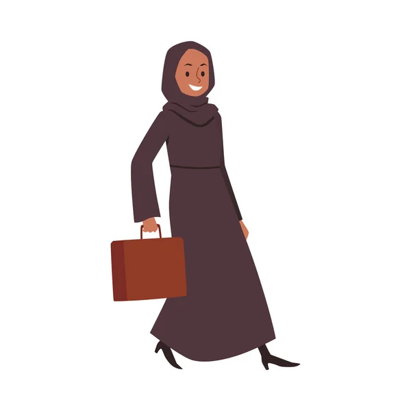 Glückliche Geschäftsfrau mit Hijab und Aktentasche, flache Vektordarstellung isoliert auf weißem Hintergrund. — Stockvektor